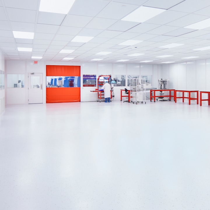 zoomed out view of white cleanroom used in the medical manufacturing process